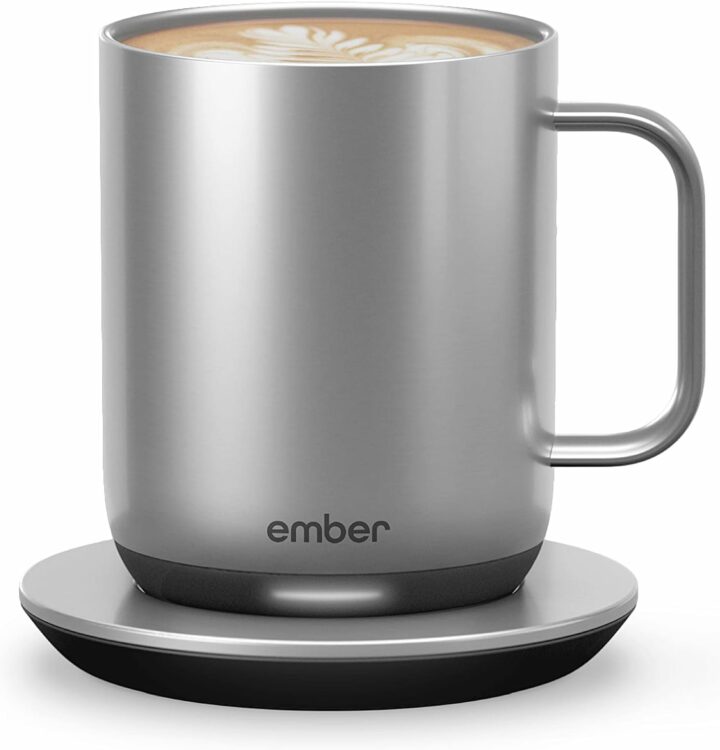 stainless steel ember mug filled with latte