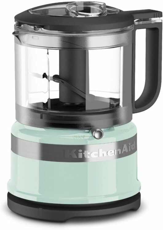 ice blue food chopper with black lid and handle