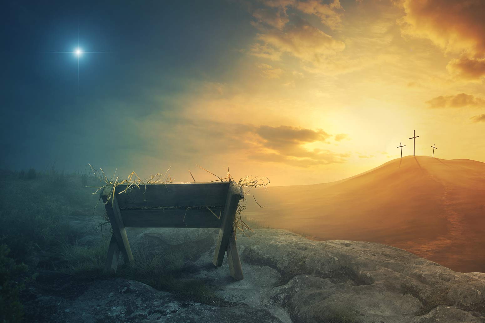 an illustration of Jesus' bed of hay beneath the star of Bethlehem, the start of the everlasting presence of God