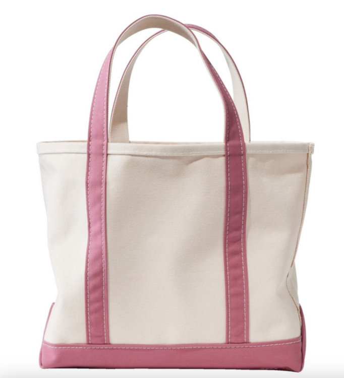 canvas LL Bean tote with pink handles and bottom