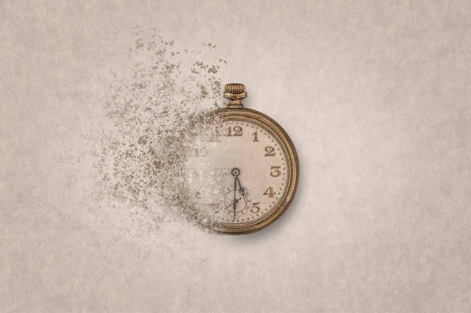 small gold pocketwatch dissolving, a symbol for someone wondering how to build faith when they're always pressed for time